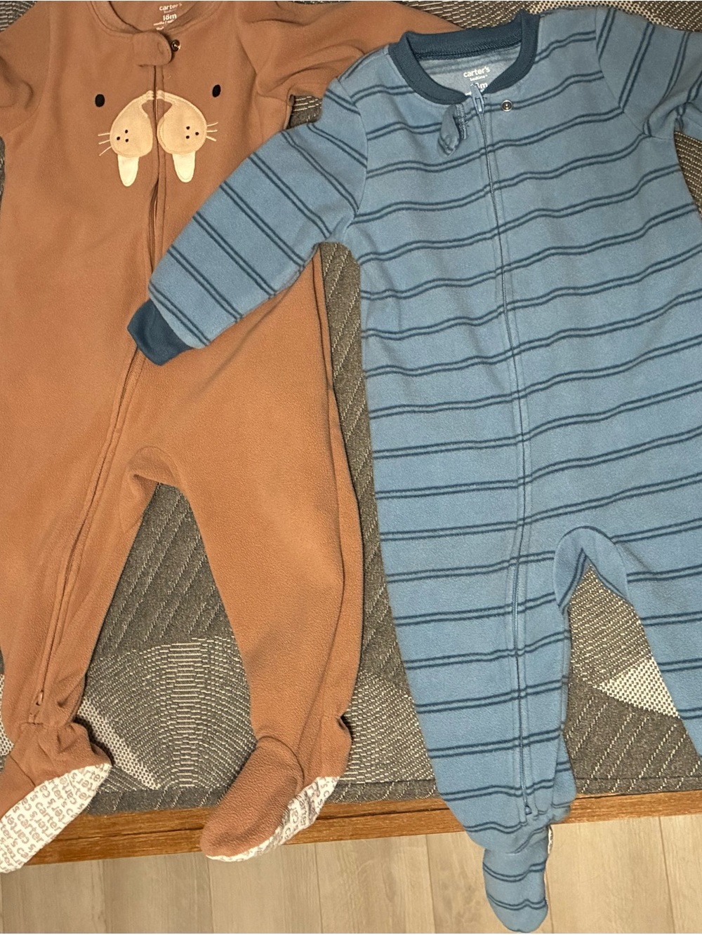 Carter's Blue Striped and Brown Animal Fleece Sleepers Set